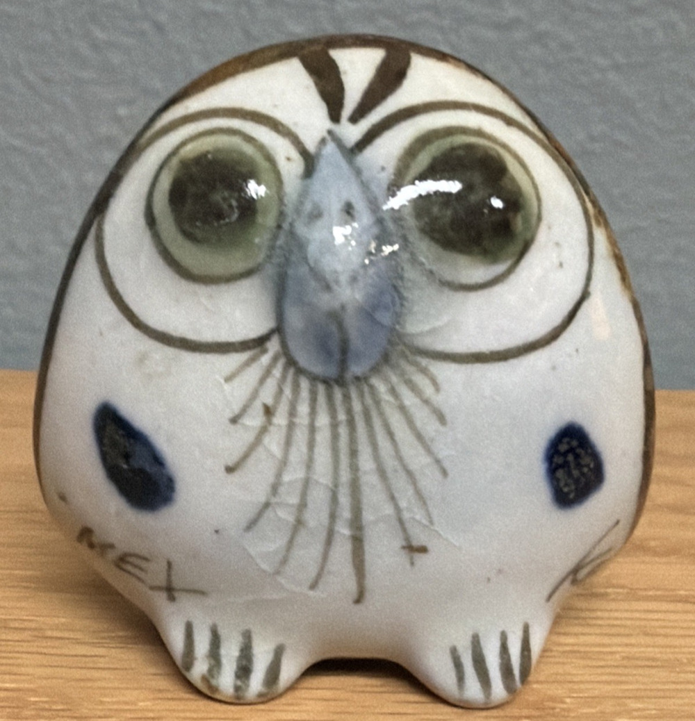 Vintage Mexican Tonala Pottery Owl Hand Painted Glazed Bird Green As Is